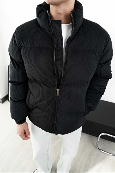 A&O Style Men's Black Oversized Mock Neck Inflatable Velvet Coat with Extra Padding