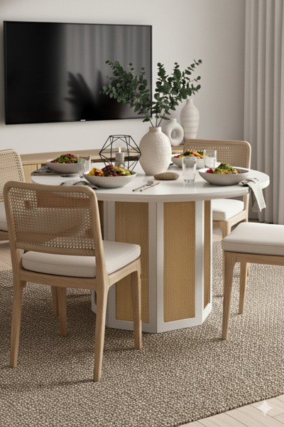 Liya Mimoza Yuvarlak Yemek Masası Ahşap Hazeran Salon Yemek Masası Bohem Mutfak 4 Kişilik Beyaz 100 Cm