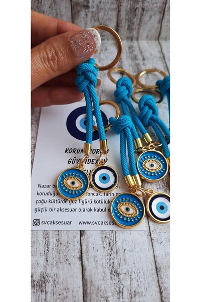 Svc Aksesuar Gift Double Evil Eye Beaded Keychain - Blue (10.5 cm)