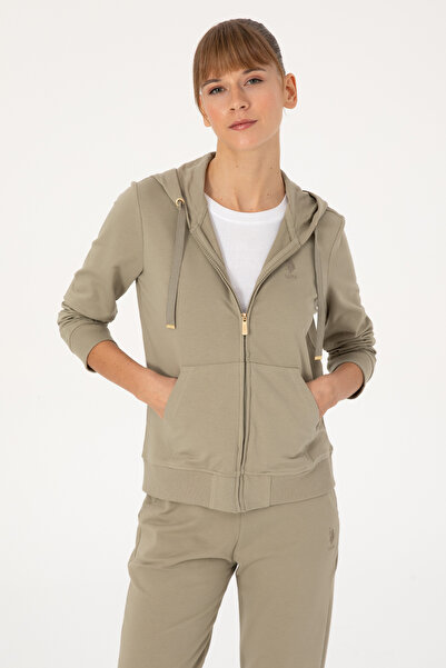 U.S. Polo Assn. سويت شيرت نسائي بغطاء للرأس وسحاب باللون الكاكي الفاتح 503135...