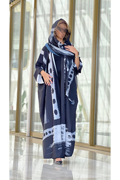 TREADY عباية مطبوعة من الحرير باللونين الأبيض والأسود