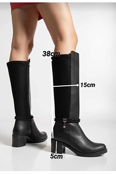livens Kadın Siyah Cilt Topuklu Arka Dalgıç Kumaş Çizme Z11