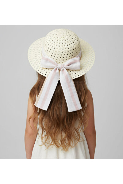 By Piera قبعة من القش بفيونكة من القماش للفتيات 8815