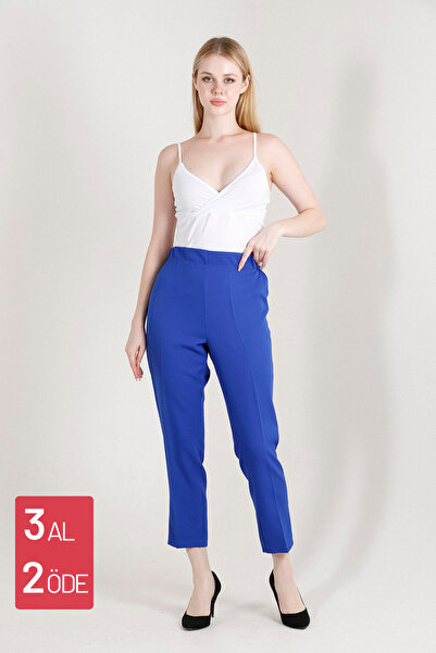 Balenbi Γυναικείο παντελόνι 1005 μοντέλο, ψηλόμεσο, ελαστικό με σχέδιο καρότου σε μπλε χρώμα.