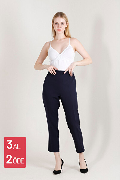 Balenbi Γυναικείο υφαντό παντελόνι ψηλόμεσο Lycra Navy Blue - Carrot Leg 1005