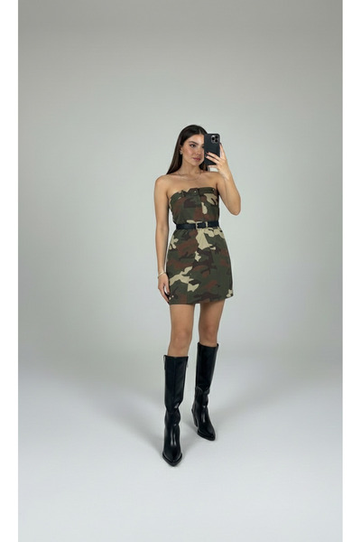 Quzu Strapless Camouflage Dress Khaki
