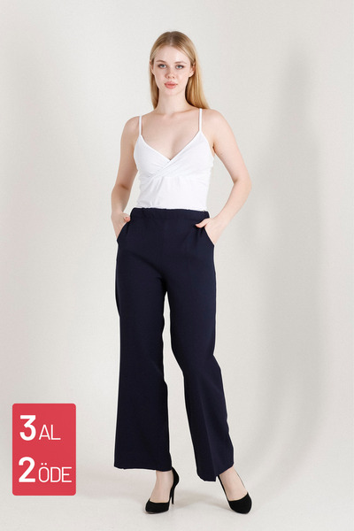 Balenbi Модел 1003 Дамски панталон Palazzo с висока талия от ликра в тъмносин цвят