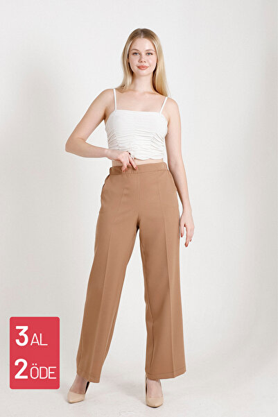 Balenbi Γυναικείο παντελόνι 1003 μοντέλο καμηλό χρώμα, ψηλόμεσο, λύκρα, τύπου παλάτσο.