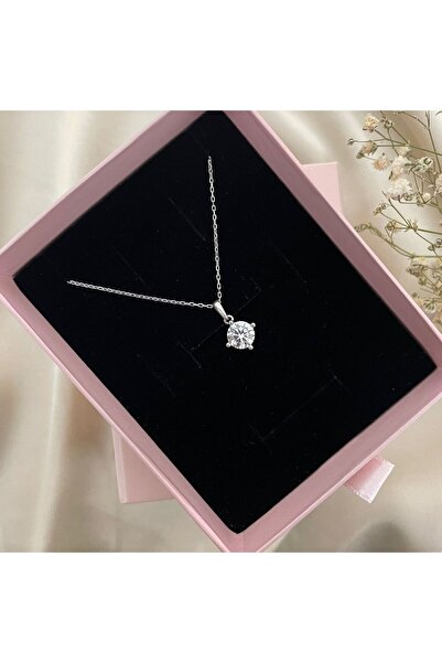 Lovera Jewellery 925 Ayar Gümüş Beyaz Taşlı Tek Taş Kadın Kolye - Zarif Minimalist Şık Takı
