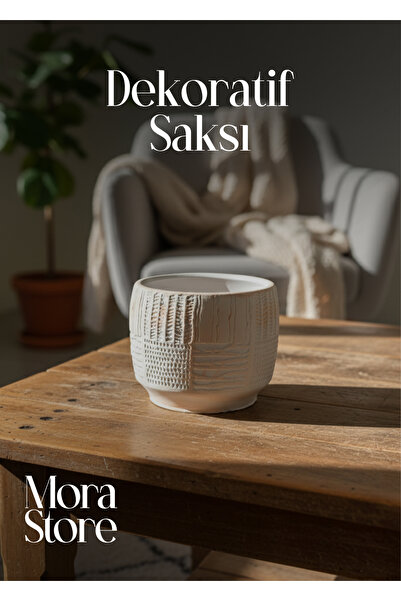 mora store Antik Desenli Krem Beton Saksı 12,5x11 Cm