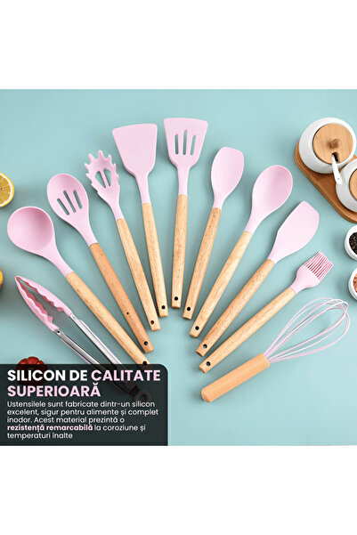 Full Abundance Premium 12-Piece Silicone Kitchen Utensil Set with Bamboo Handles, Pink