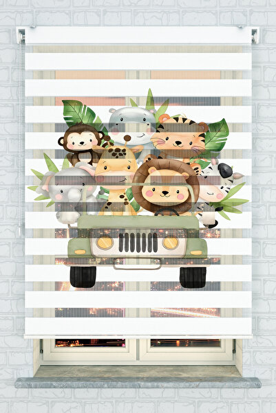 akel collection Safari Hayvanları ve Jeep Desenli Baskılı Zebra Stor Perde - ...