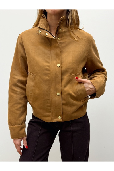 Maldia Shop Women's Suede Fabric Arden Bomber Tan Jacket