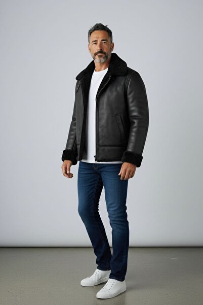 MODA Erkek Siyah İçi Kürklü Fermuarlı Hakiki Deri Mont Ceket