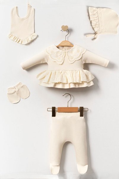 Cherub Baby Elite Peter Pan Collar Fistula 100% Cotton Newborn Girls 5-Piece Hospital Discharge Bodysuit Set