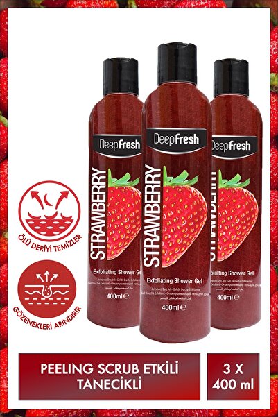 Deep Fresh Arındırıcı Peeling Duş Jeli Çilek 400ml 3 Adet | Mikro Tanecikli Body Scrub | Pürüzsüz, Yumuşak Cilt