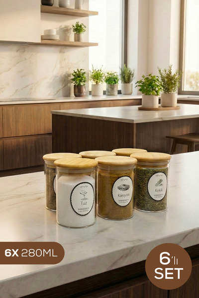 Vienev Set of 6 Glass Jars with Bamboo Lids 280 ml - Spice Organizer Storage Container with Labels (6.5X10 cm)