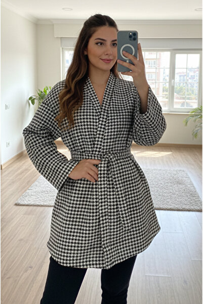 Aişe tesettür Black and White Checkered Houndstooth Pattern Belted Kimono Jacket / Winter Product