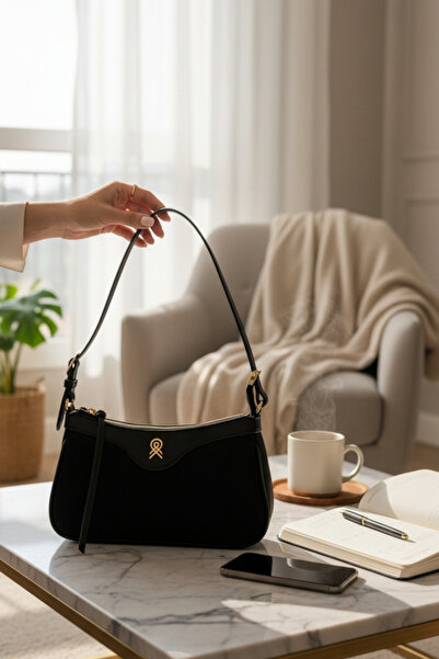 Cochines Women's Black Suede Baguette Handbag and Shoulder Bag