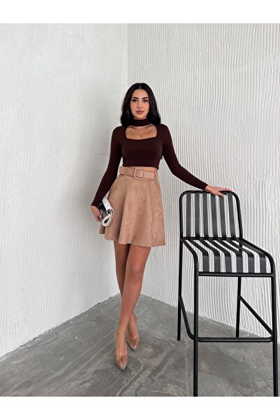 MİSPİER Suede Belted Flared Short Skirt