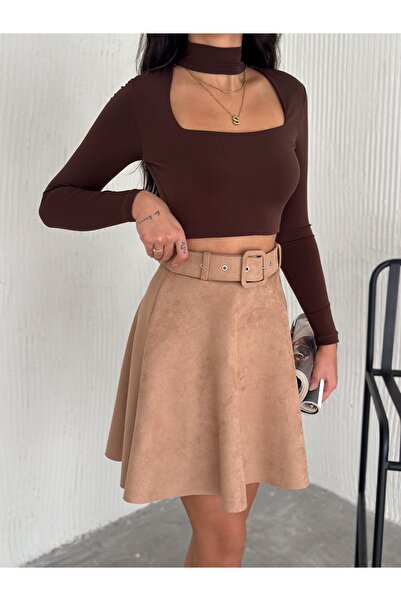 MİSPİER Suede Belted Flared Short Skirt