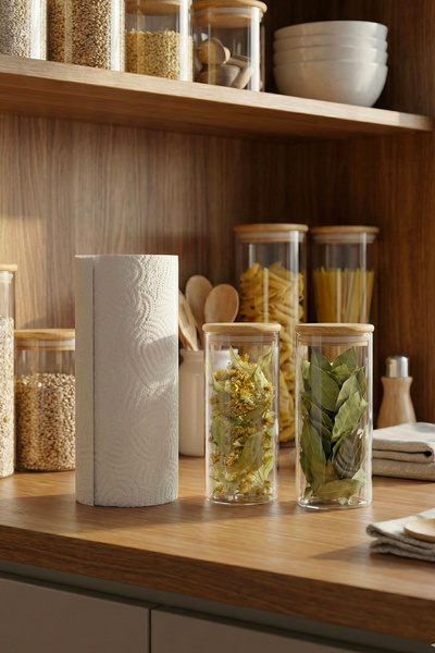 Vienev Set of 2 Glass Jars with Bamboo Lids 450 ml - Food Organizer Storage Container (6.5X15Cm)