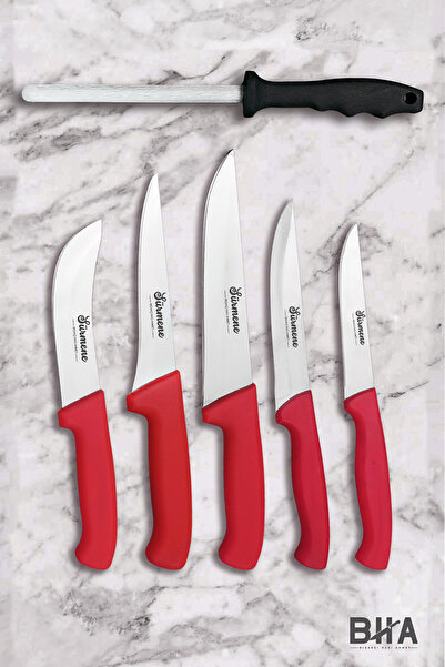 Sürmene Bıçakçı Hacı Ahmet Beş Parça Kırmızı Kasap Mutfak Bıçak Seti - Masatı...
