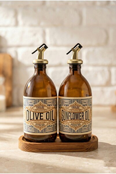Frolde Ahşap Stantlı 2’li Gold Altın Tıpalı Amber 500 ml Ayçiçek Yağı Zeytinyağı Şişesi Yağdanlık