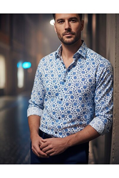 YusGos Long Sleeve Cotton Easy Iron Floral Pattern Regular Fit Premium Men's Shirt Turquoise XL