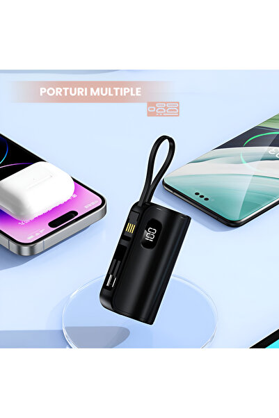 Full Abundance Baterie externă universală portabilă cu 3 porturi USB-C, USB-A, Lightning, design compact - Negru