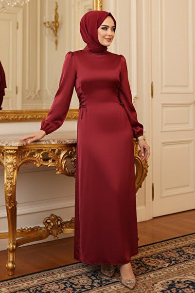 Neva Style Burgundy Hijab Satin Evening Dress with Lace Detail 5948BR