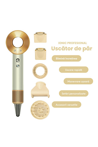 Juls Uscător de păr 1600W, anti-încrețire, auriu alb, design compact, 5 Duze ...