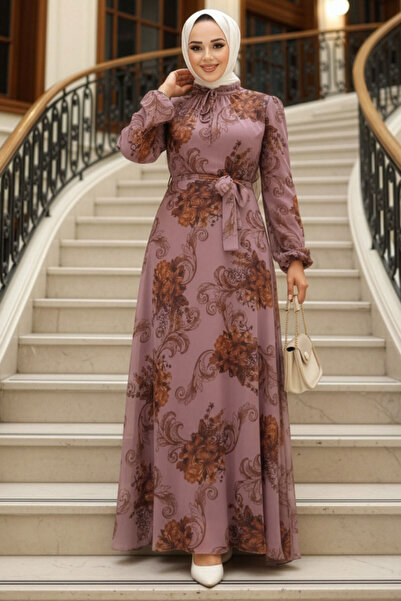 Neva Style Floral Patterned Dusty Rose Hijab Dress 27921Gk
