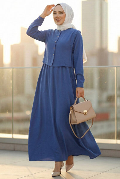 N.S NEVA STYLE Μπλε Ινδικό Φόρεμα Τσαμιράνας με Λεπτομέρεια Πουλόβερ 7705IM