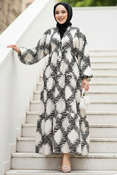 N.S NEVA STYLE Patterned Ecru Viscose Hijab Dress 235802 E