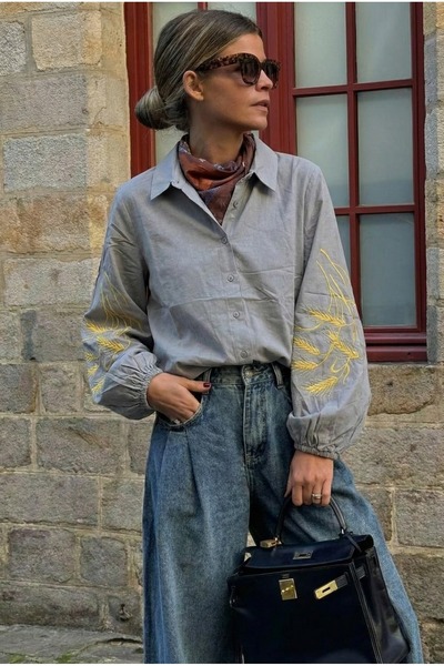 FEMELLE Cămașă din bumbac brodată cu mâneci balon gri pentru femei