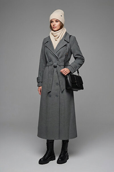 Soydan Güner Kruvaze Kuşaklı Dökümlü Uzun Manto Gri 6630