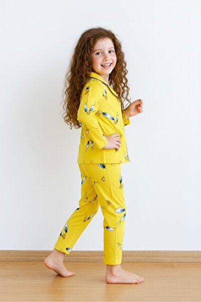 FURYATEX Kız Çocuk Civciv Desenli Pijama Takımı - Uyku Bandı Hediyeli