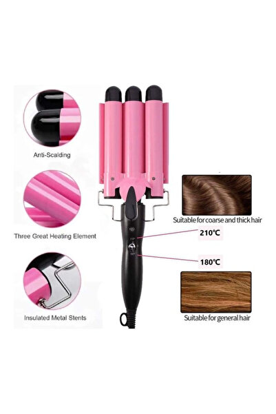 Generic Rock Pow 3-Barrel Curling Iron Wand Hair Crimper Pink/Black