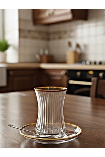 DECOSTYLE طقم شاي مكون من 12 قطعة مطرز يدويًا باللون الذهبي اللامع ومزخرف بشكل عمودي من دورو