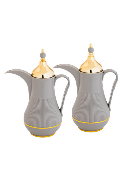 Alaska Alaska Dallah Thermos Set, 2 Pieces, Light Grey with Gold, 1 Liter Capacity