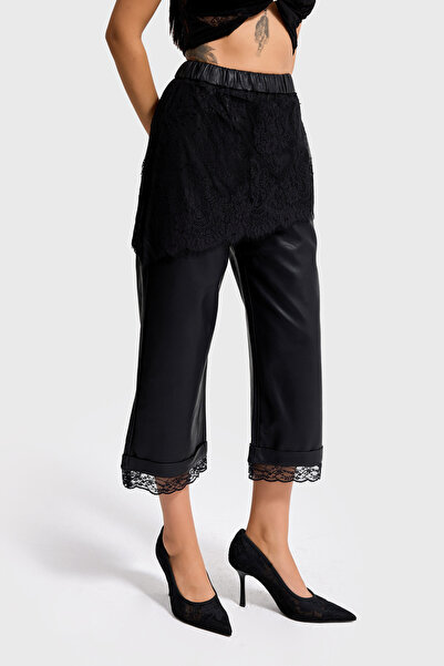 its basic Women's Black Color Lace Skirt Detailed Special Design Faux Leather Pants