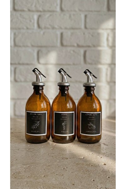 Frolde Amber Cam Zeytinyağı Limon Suyu Sirke Şişesi Yağdanlık 3lü Set 300ml