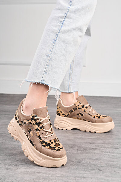 İmerShoes Γυναικείο αθλητικό παπούτσι σε μπεζ λεοπάρ στάμπα με ψηλή σόλα και ...