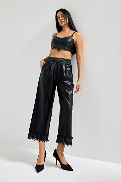 it's basic Women's Black Color Leg Opening Lace Detailed Elastic Waist Design Faux Leather Trousers