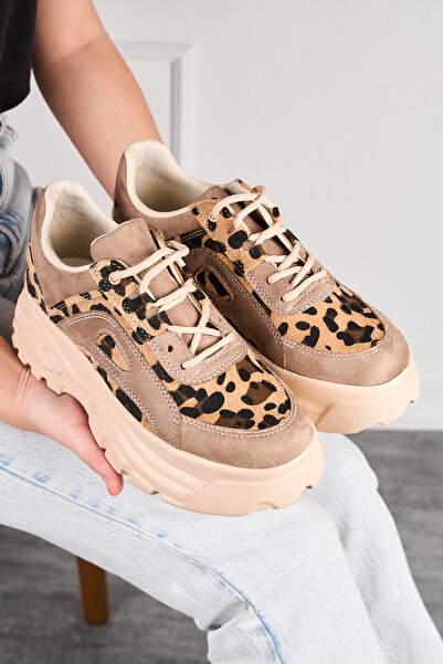 İmerShoes Béžové leopardí dámské tenisky – šněrovací, silná, lehká vysoká podešev 001