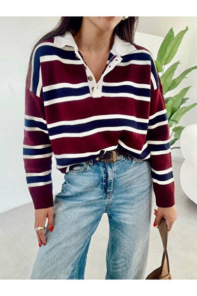 Jose Clothing Pulover tricot cu mânecă lungă în dungi cu gât polo de damă