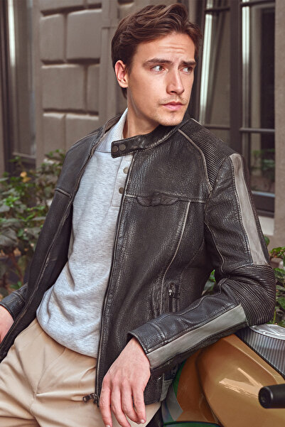 Derimod Barry Men's Gray Judge Collar Slim-Fit Leather Coat 25Wgf65862R