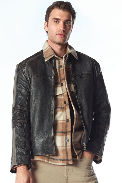 Derimod Barry Men's Gray Judge Collar Slim-Fit Leather Coat 25Wgf65862R