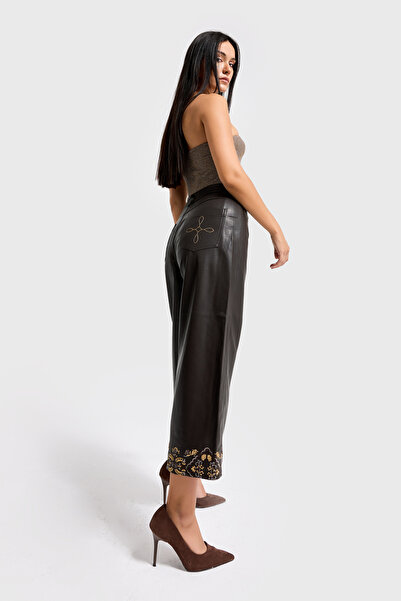 it's basic Women's Bitter Brown Leg Opening Embroidery Detailed Special Design Faux Leather Trousers